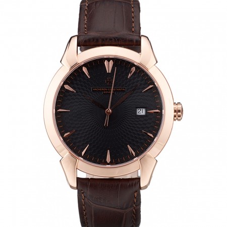 Swiss Vacheron Constantin Traditionnelle Black Dial Rose Gold Case Brown Leather Bracelet