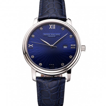 Patek Philippe Calatrava Date Blue Dial Stainless Steel Case Blue Leather Strap