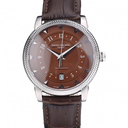 Patek Philippe Swiss Calatrava Ribbed Bezel Brown Dial Brown Leather Strap 7658