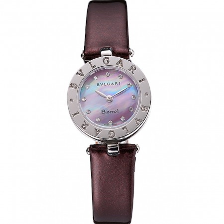 Bvlgari B.ZERO1 Pearl Dial Diamond Numerals Purple Leather Bracelet