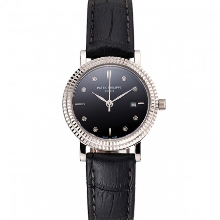 Patek Philippe Calatrava Black Dial Diamond Hour Marks Double Ribbed Bezel Stainless Steel Case Black Leather Strap