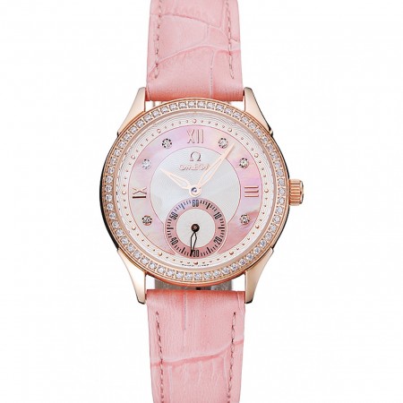 Omega DeVille Prestige Pink Dial Gold Diamond Case Pink Leather Bracelet  1454126