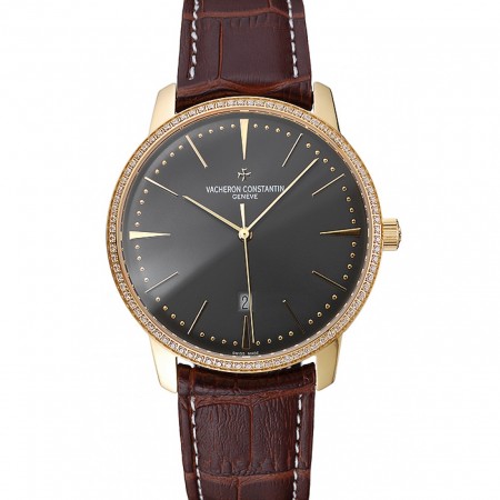 Swiss Vacheron Constantin Patrimony Grey Dial Gold Diamonds Case Brown Leather Bracelet    1454182