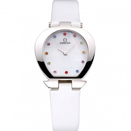 Omega Ladies Watch White Dial With Jewels Stainless Steel Case White Leather Strap  622817