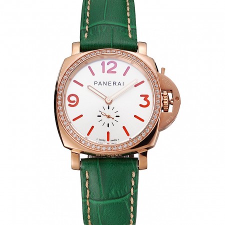 Panerai Radiomir White Dial Diamond Bezel Rose Gold Case Green Leather Strap 1453803