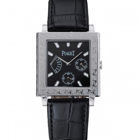 Piaget Emperador Limited Edition Black Dial Engraved Silver Case Black Leather Bracelet  1454136