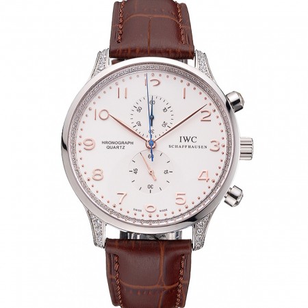 IWC Portugieser Chronograph White Dial Rose Gold Hands And Numerals Steel Case With Diamonds Brown Leather Strap
