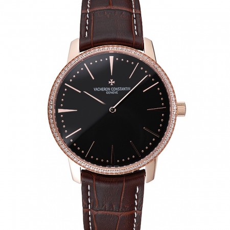 Swiss Vacheron Constantin Patrimony Grand Taille Black Dial Rose Gold Diamonds Case Brown Leather Bracelet  1454174