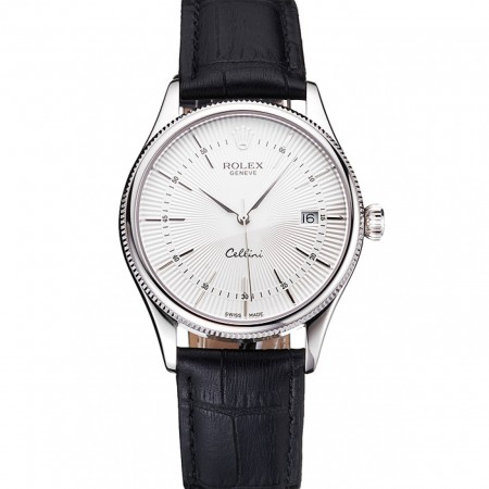Swiss Rolex Cellini Date White Dial Stainless Steel Case Black Leather Strap