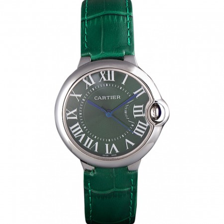 Cartier Ballon Bleu Silver Bezel with Green Dial and Green Leather Band   621553