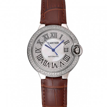 Swiss Cartier Ballon Bleu 46 MM Diamond Dial  Diamond Case Brown Leather Bracelet 1453895