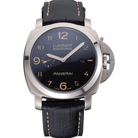 Panerai Luminor Marina 1950 Black Dial Brushed Steel Case Black Embossed Leather Strap