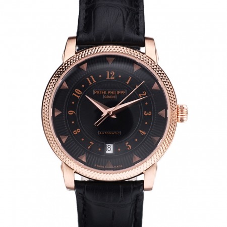 Patek Philippe Swiss Calatrava Ribbed Bezel Black Dial Black Leather Strap 7651