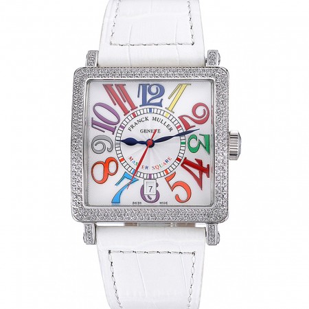 Franck Muller Master Square Color Dreams Diamonds Case White Leather Band  622356