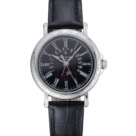 Patek Philippe Perpetual Calendar Retrograde Date Black Dial Engraved Silver Case Black Leather Bracelet 1454146