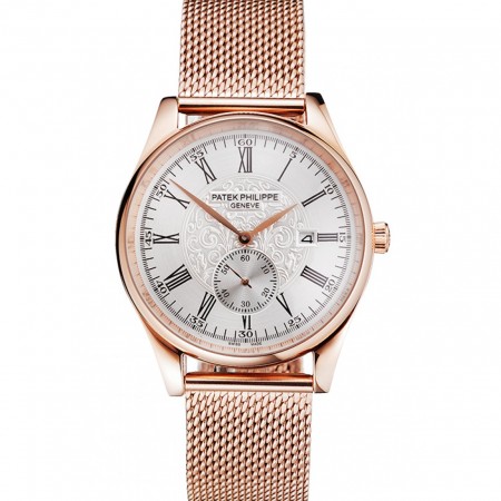 Patek Philippe Calatrava Small Seconds Silver Engraved Dial Rose Gold Case And Bracelet