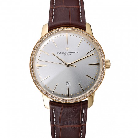 Swiss Vacheron Constantin Patrimony White Dial Gold Diamond Case Brown Leather Bracelet 1454180