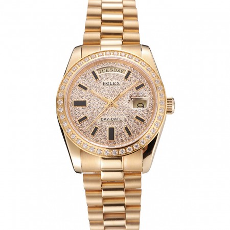 Swiss Rolex Day Date Diamond Pave Dial And Bezel Gold Case And Bracelet