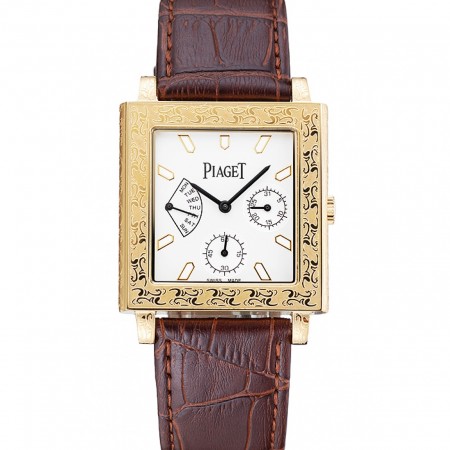 Piaget Emperador Limited Edition White Dial Engraved Gold Case Brown Leather Bracelet  1454139