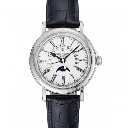 Patek Philippe Perpetual Calendar Retrograde Date White Dial Engraved Silver Case Black Leather Bracelet 1454147