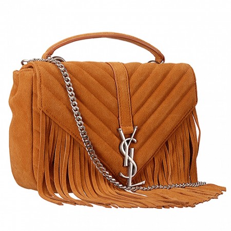 Saint Laurent College Matelasse Medium Fringed Suede Bag Tan