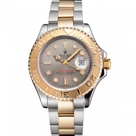 Swiss Rolex Yacht-Master Gray Dial Gold Bezel Stainless Steel Case Two Tone Dial