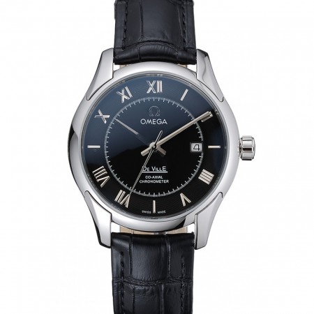 Omega DeVille Black Dial Stainless Steel Case Black Leather Strap  622829