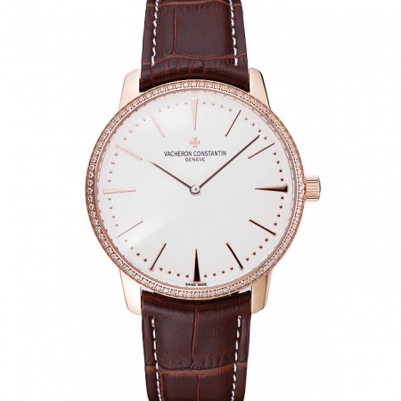 Swiss Vacheron Constantin Patrimony Grand Taille White Dial Rose Gold Diamonds Case Brown Leather Bracelet  1454171