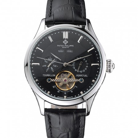 Patek Philippe Day Date Tourbillon Black Dial Stainless Steel Case Black Leather Strap  622839