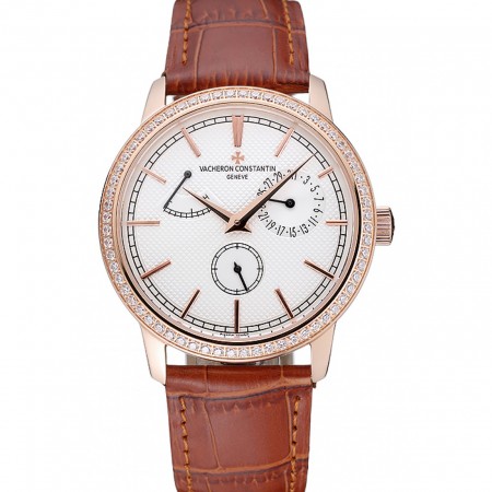 Vacheron Constantin Patrimony Power Reserve White Dial Gold Diamond Case Brown Leather Bracelet  1454268
