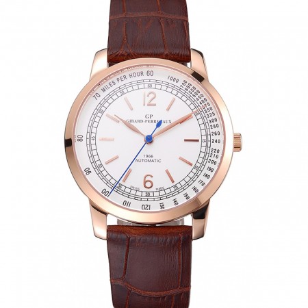 Swiss Girard-Perregaux 1966 Automatic White Dial Gold Case Brown Leather Strap
