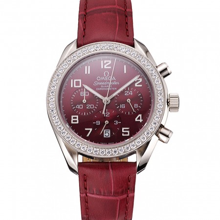 Omega Speedmaster Burgundy Dial Stainless Steel Case Diamond Bezel Burgundy Leather Strap