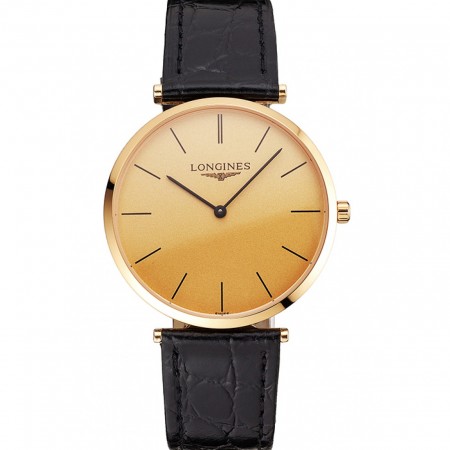 Swiss Longines Grande Classique Gold Dial Gold Case Black Leather Strap