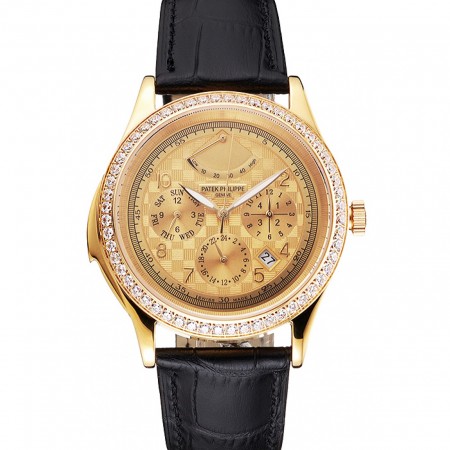 Swiss Patek Philippe Grand Complications Power Reserve Gold Dial And Case Diamond Bezel Black Leather Strap