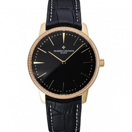Swiss Vacheron Constantin Patrimony Grand Taille Black Dial Gold Diamond Case Black Leather Bracelet 1454183