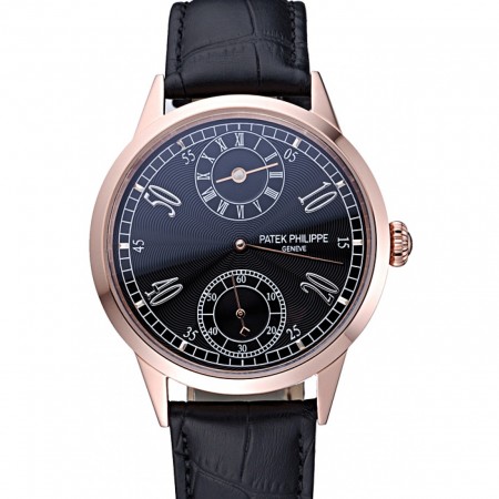 Patek Philippe Geneve Two Dial Black Dial Rose Gold Bezel Black Leather Band  622146