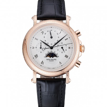 Patek Philippe Grand Complications White Dial Engraved Rose Gold Case Black Leather Bracelet 1454144
