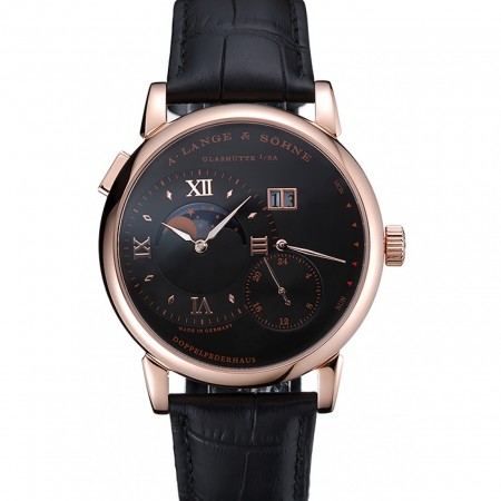 A. Lange & Sohne Grand Lange 1 Moon Phase Black Dial Rose Gold Case Black Leather Strap