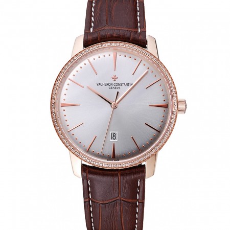Swiss Vacheron Constantin Patrimony White Dial Rose Gold Diamonds Case Brown Leather Bracelet  1454170