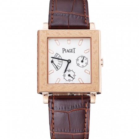 Piaget Emperador Limited Edition White Dial Engraved Rose Gold Case Brown Leather Bracelet  1454140