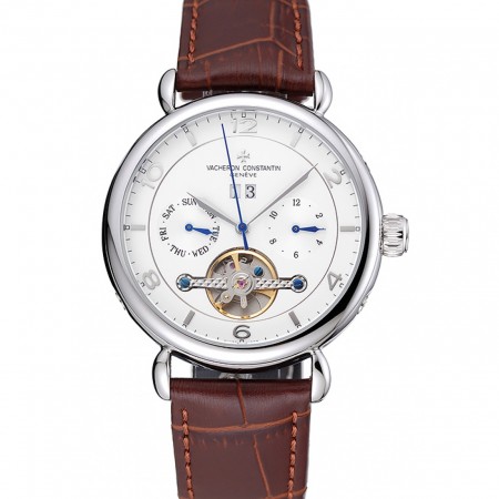 Vacheron Constantin Traditionnelle Calibre White Dial Silver Case Brown Leather Bracelet 1454065