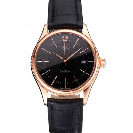Swiss Rolex Cellini Date Black Dial Rose Gold Markings Rose Gold Case Black Leather Strap