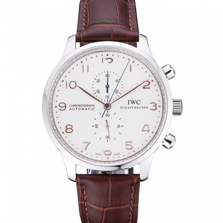 IWC Portugieser Chronograph White Dial Rose Gold Hands And Numerals Stainless Steel Case Brown Leather Strap