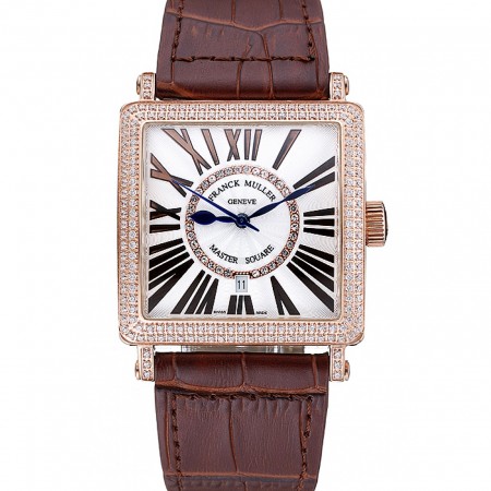 Franck Muller Master Square Diamond Encrusted Rose Gold Bezel Brown Croco Bracelet 80283