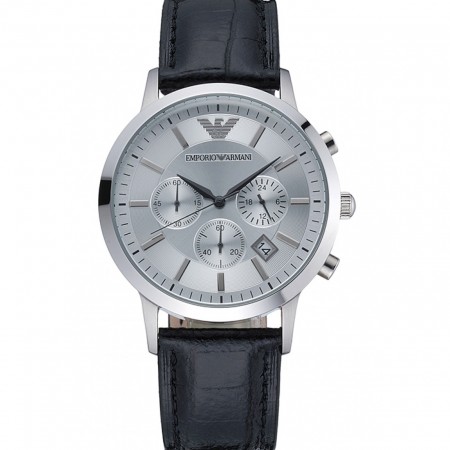 Emporio Armani Classic Chronograph Silver Dial Black Leather Bracelet  622339
