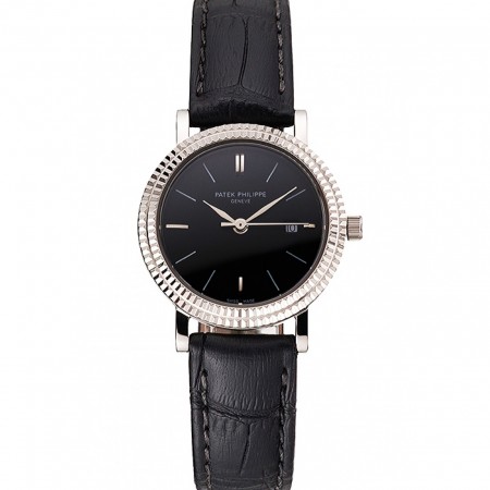 Patek Philippe Calatrava Black Dial Double Ribbed Bezel Stainless Steel Case Black Leather Strap