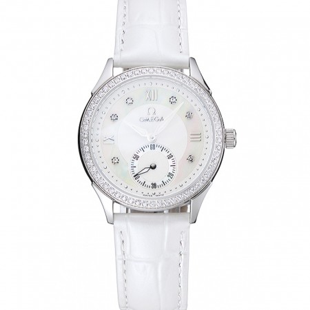 Omega DeVille Prestige White Dial Silver Diamond Case White Leather Bracelet  1454119