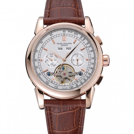 Patek Philippe Grand Complications Gold Case White Dial Brown Leather Bracelet 622259
