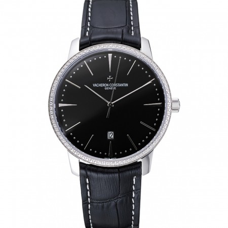 Swiss Vacheron Constantin Patrimony Black Dial Silver Diamonds Case Black Leather Bracelet 1454164