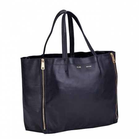 Celine Cabas Gusset Large Black Leather Shoulder Bag
